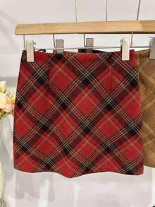SHEIN Franclia 女士复古红色格子迷你裙，秋冬 - 紅色 - 查看 4