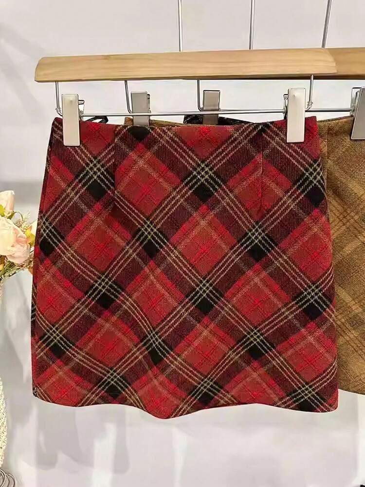 SHEIN Franclia 女士复古红色格子迷你裙，秋冬 - 紅色 - 查看 4