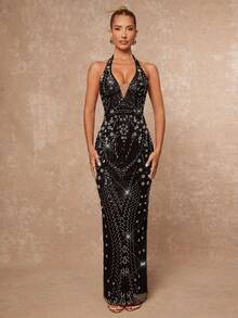 Lumalex Đầm đuôi cá cổ yếm đính sequin mùa thu đông thanh lịch, trang phục đen sang trọng, không thể thiếu cho các bữa tiệc, sự quyến rũ, sang trọng, phong cách mới, dành cho phụ nữ, dạ hội, tiệc tùng, tiệc chiêu đãi, kín đáo, sang trọng, lấp lánh, tiệc tùng ngày lễ, lễ hội, dã ngoại, kỳ nghỉ, ngoài trời, nhiều lớp, mùa cưới, tiệc tùng, ID Al-Adha, tiệc Al-Adha, năm mới, đầm sequin đen, đầm đen lấp lánh, đầm dạ hội, đầm quyến rũ, đầm dự tiệc thắt cà vạt đen, đầm Vegas, trang trí ngọc trai. - màu đen - Xem 4