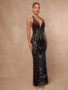 Lumalex Đầm đuôi cá cổ yếm đính sequin mùa thu đông thanh lịch, trang phục đen sang trọng, không thể thiếu cho các bữa tiệc, sự quyến rũ, sang trọng, phong cách mới, dành cho phụ nữ, dạ hội, tiệc tùng, tiệc chiêu đãi, kín đáo, sang trọng, lấp lánh, tiệc tùng ngày lễ, lễ hội, dã ngoại, kỳ nghỉ, ngoài trời, nhiều lớp, mùa cưới, tiệc tùng, ID Al-Adha, tiệc Al-Adha, năm mới, đầm sequin đen, đầm đen lấp lánh, đầm dạ hội, đầm quyến rũ, đầm dự tiệc thắt cà vạt đen, đầm Vegas, trang trí ngọc trai. - màu đen - Xem 6