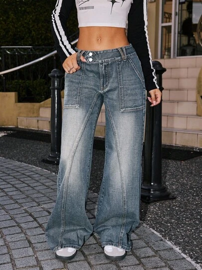 SHEIN ICON 大码休闲日常破洞阔腿牛仔裤，带斜口袋