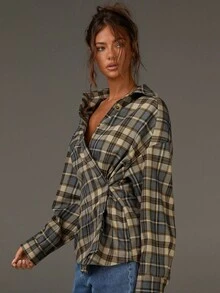 Athîral Áo sơ mi kẻ caro thường ngày cho nữ, mùa thu, áo sơ mi kẻ sọc nâu, phong cách đồng quê nữ tính. - Nhiều màu - Xem 5