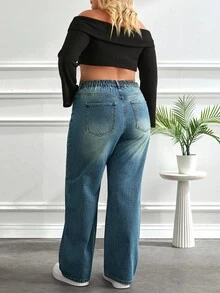 EURMUSE PLUS SIZE HIGH WAIST JEANS DENIM PLUS SIZE HIGH WAIST JEANS Jeans Wide Leg Curvy Jeans Plus Size Jeans Plus Size Wide Leg Jeans - أزرق متوسط - مشاهدة 5