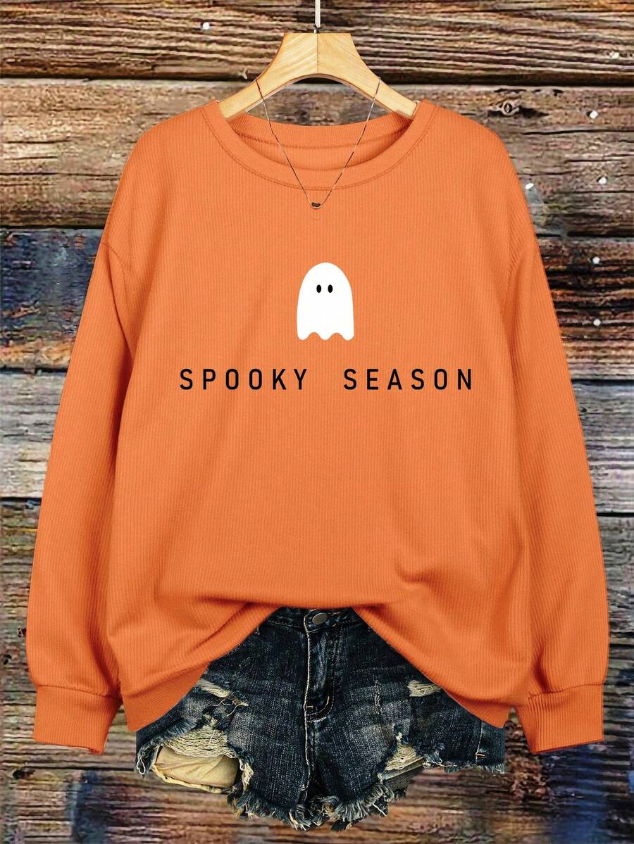 EMERY ROSE Halloween Graphic Print Casual Crew Neck Fleece Long Sleeve Sweatshirt, Gift For Friends, Autumn/Winter - Orange - View 1