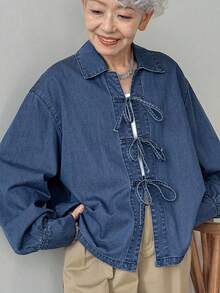 FRIFUL 休闲长袖牛仔衬衫，前部打结，常规长度，牛仔夹克，秋季女装领带前衬衫女式牛仔上衣牛仔衬衫女式领带前牛仔衬衫 - 藍色 - 查看 1