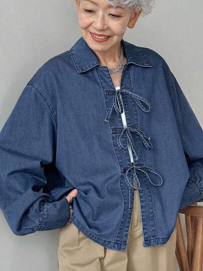 FRIFUL 休闲长袖牛仔衬衫，前部打结，常规长度，牛仔夹克，秋季女装领带前衬衫女式牛仔上衣牛仔衬衫女式领带前牛仔衬衫