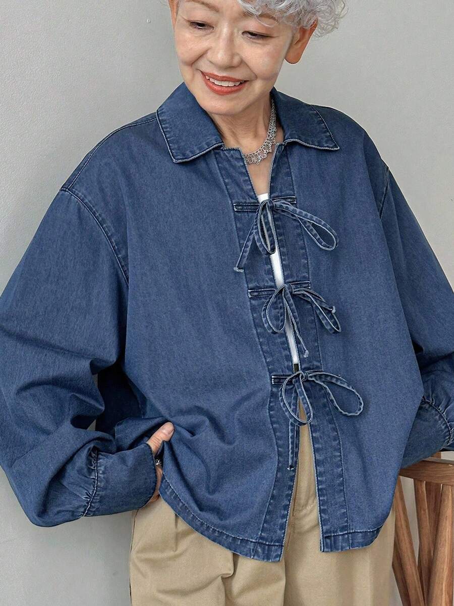FRIFUL 休闲长袖牛仔衬衫，前部打结，常规长度，牛仔夹克，秋季女装领带前衬衫女式牛仔上衣牛仔衬衫女式领带前牛仔衬衫 - 藍色 - 查看 1