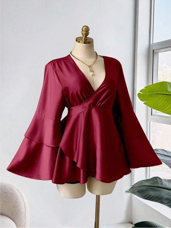 Ceyna Chemise décontractée pour femmes grandes tailles avec manches volantées en satin vert