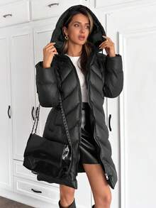 EURMUSE Paltoane de iarnă cu fermoar și buzunar în culori solide pentru femei - Negru - Vizualizare 7