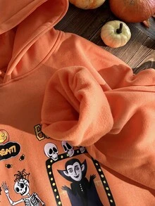 Manfinity VCAY 男士标准尺寸连帽运动衫，橙色，正面图案印花，无口袋，适合春秋季节、万圣节和秋冬季 - 橘色 - 查看 4