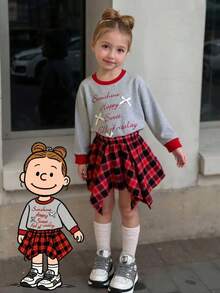 Playful Pals 2 件套年轻女孩运动衫 + 格子不对称下摆裙套装，圆领长袖套头衫，蝴蝶结和字母印花，松紧腰迷你裙，休闲装，时尚可爱，适合日常穿着，秋季新品 - 彩色 - 查看 1