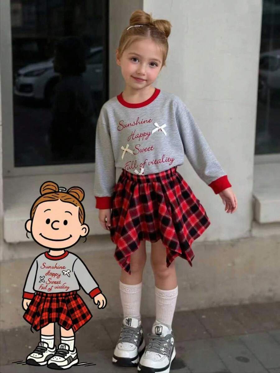 Playful Pals 2 件套年轻女孩运动衫 + 格子不对称下摆裙套装，圆领长袖套头衫，蝴蝶结和字母印花，松紧腰迷你裙，休闲装，时尚可爱，适合日常穿着，秋季新品 - 彩色 - 查看 1