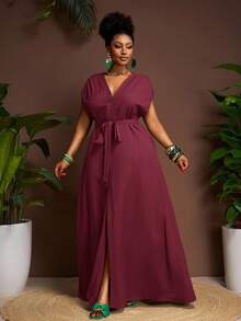 Veslaya Plus Size Summer Vacation Casual Solid Color Front Button Long Dress - Burgundy - View 13