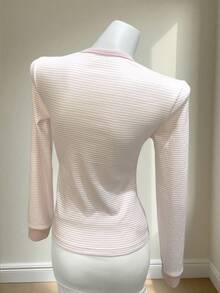 INAWLY Áo thun nữ tay dài cài nút họa tiết sọc hồng - Hồng - Xem 2