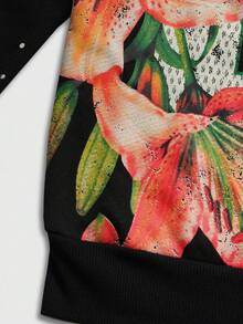 ROMWE MEN Street Life Men's Street Floral Letter Print Zip Up Front Casual Hooded Sweatshirt , Fall Winter