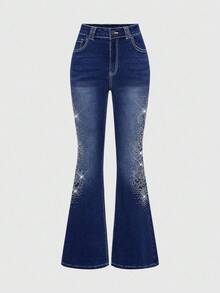 J-Fashion 女式复古 Y2K 花卉图案水钻装饰喇叭牛仔裤 - 藍色 - 查看 5