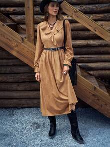 LanaWest Women's Camel Autumn Western Vacation Knitted Suede V-Neck Long Sleeve Flare Elastic Waist A-Line Brown Ruffle Collar Ruched Pocket Maxi Casual Dress - Brown - View 3
