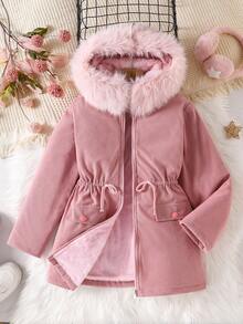 SHEIN 女式连帽仿毛领夹棉派克大衣，中长款，粉色，秋冬 - 粉色 - 查看 9