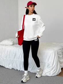 SHEIN EZwear 2 件套休闲宽松圆领运动衫和紧身打底裤，23 号，街头服饰，复古，返校，复古，秋季女士休闲装，秋冬，校服，乡村，嘻哈，街头服饰，运动，健身，健身房 - 彩色 - 查看 4