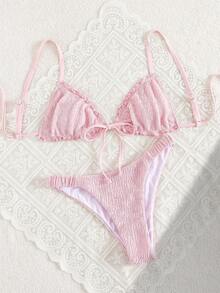 SHEIN Swim Bộ bikini 2 mảnh xếp nếp thắt nơ phía trước eo xếp ly thời trang dự tiệc năng động dễ thương ngọt ngào - Hồng - Xem 3