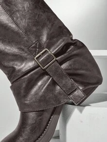 SHUZIA Women's Lug Sole Fold Over Slouchy Square Toe Moto Boots - Dark Grey - View 7