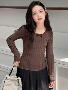 Dazy Kids Tween Girls Crew Neck Fitted Knit T-Shirt, Fall - Brown - View 2