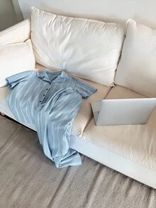 DAZY Bộ đồ ngủ tay ngắn và quần cài nút kẻ sọc tương phản dành cho nữ - Màu xanh lam - Xem 7