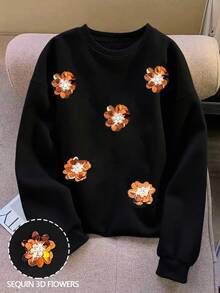 GlowEve 女式花卉亮片装饰圆领宽松休闲运动衫，秋季 - 黑色 - 查看 1