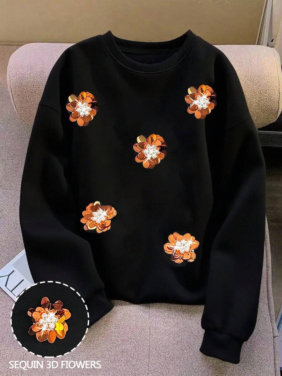 GlowEve 女式花卉亮片装饰圆领宽松休闲运动衫,秋季 - 黑色 - 查看 1