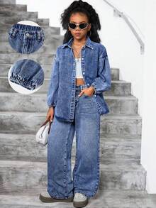 SHEIN 两件套少女时尚休闲蓝色牛仔套装，包括宽松舒适的长款蓝色牛仔衬衫和宽松舒适的直筒牛仔裤，适合少女日常穿着，柔软舒适，也适合秋冬季参加锐舞派对、节日活动、居家穿着、街头风或校园穿着。 - 藍色 - 查看 1