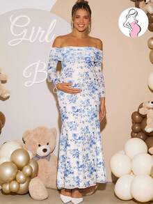 Loomaby Váy bầu tay dài hở vai họa tiết hoa thanh lịch - Xanh và trắng - Xem 8