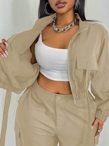 Maweii Bộ 2 món áo khoác và quần lửng màu trơn thường ngày cỡ lớn - Màu Khaki - Xem 2