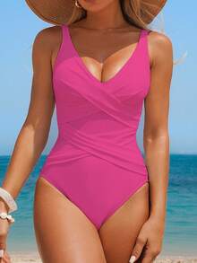 Swim Lushoire 女士休闲褶皱拼接优雅连体露背泳衣，适合运动和海滩 - 粉色 - 查看 5