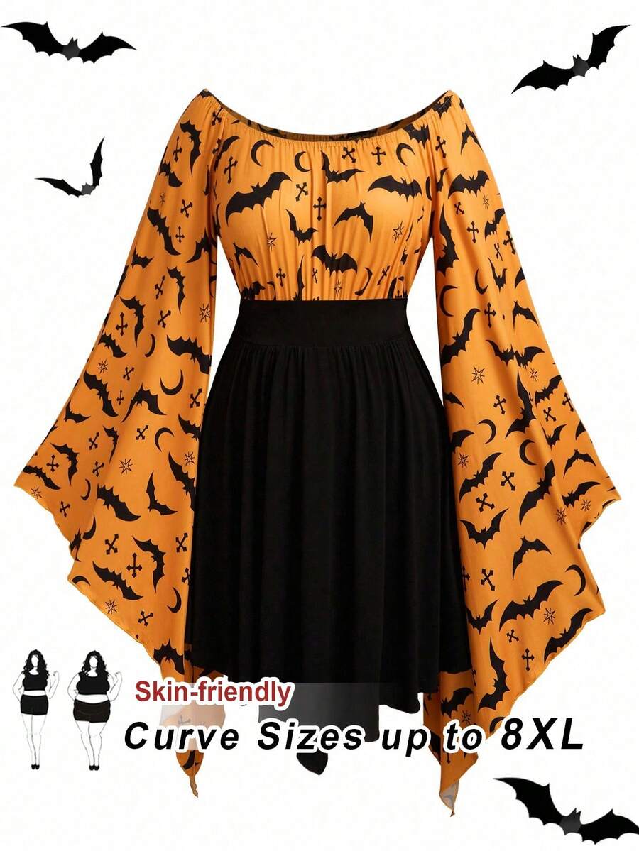 SHEIN CURVE+ Váy tay loe in hình dơi cỡ lớn dành cho nữ, Đầm Halloween/Mùa thu/Mùa đông - Nhiều màu - Xem 1