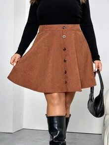 SHEIN CURVE+ Chân váy chữ A tối giản màu trơn cỡ lớn cài nút phía trước, mặc thường ngày - màu nâu - Xem 5