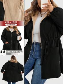 SHEIN CURVE+ Giacca invernale da donna taglie forti con colletto in pelliccia sintetica e resistente all'acqua, abbigliamento invernale taglie forti 8XL, abbigliamento da donna taglie forti 6XL, abbigliamento taglie forti con cappuccio per autunno/inverno - nero - Visualizzare 5