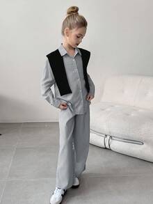 Tween Girls Striped Long Sleeve Shirt And Wide Leg Striped Pants With Shawl 2 Pieces Casual Set - Black - View 4