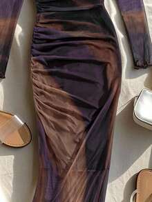 SHEIN PETITE 1 pieza Vestido de tela suave, elástica y de malla con estampado, juvenil para fiestas y vacaciones, vestido largo para mujer