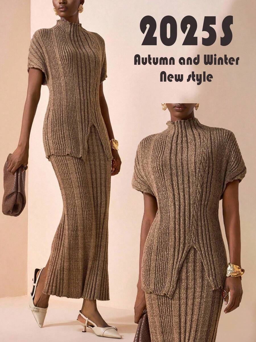 Zivah The 2025 New Autumn, Autumn And Winter Casual, Simple, Street, Daily, Date, Birthday, Party, Travel Season, Warm, Elegant, Commuting, Office Worker, Internet Celebrity Besthit High Neck, Neckline, Shoulder Drop, Sleeve Cover, Asymmetrical Hem, Long Sweater, Pullover, Skirt, Straight Skirt, Long Skirt, Flower Brown Asymmetrical Striped Sweater Set, Women's Sweater Two Pieces Set -A