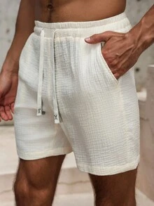 VENTUSAIL Men's Solid Color Drawstring Waist Pocket Casual Cotton Shorts Men Drawstring Shorts Men Summer Shorts, Holiday - Beige - View 5