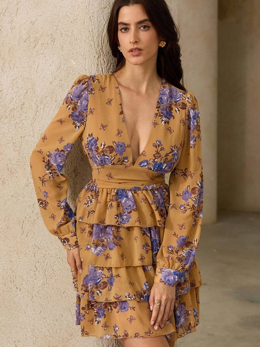 Revavyn 女士时尚随机印花长袖连衣裙度假装 - 棕色 - 查看 1