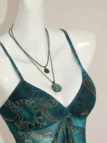 SHEIN ICON Women's Millennial Y2K Sexy Bohemian Retro Teal Paisley Print Asymmetrical Hem Ruffled V-Neck Slim Fit Camisole - Black - View 9