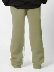 SUMWON 舒适阔腿复古慢跑裤，拼接设计，抽绳腰带，撞色侧条纹，宽松版型，青少年秋冬休闲下装 - 軍綠色 - 查看 2