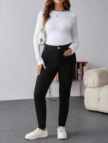 SHEIN Pantalones vaqueros de maternidad de unicolor, de bolsillo, de moda casual, cómodos, de cintura alta de color negro con forro térmico, de ajuste ceñido, para otoño, invierno, Halloween, Navidad, Año Nuevo, Acción de Gracias, con estiramiento, para fiestas, trabajo, vacaciones, estilo Y2K, lindos, para calle, tecnológicos, cumpleaños, gimnasio, aeropuerto - Azul - Ver 5