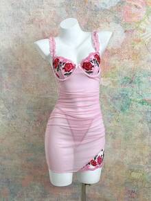 FloralLove 2pcs Sexy Ruched Ruffled Mesh Embroidery Babydoll Nightgown And G-String Set - Pink - View 5