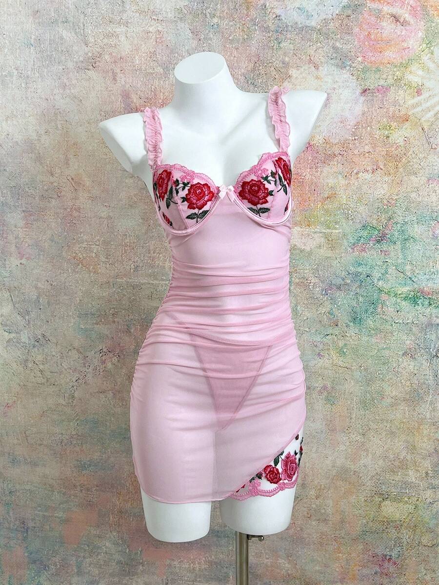 مجموعة من بابي دول بخيط واسترينغ ذات تطريز من الشبك الذي أثار وفي طبقات، مثير لليلة رومانسية 2 قطعة