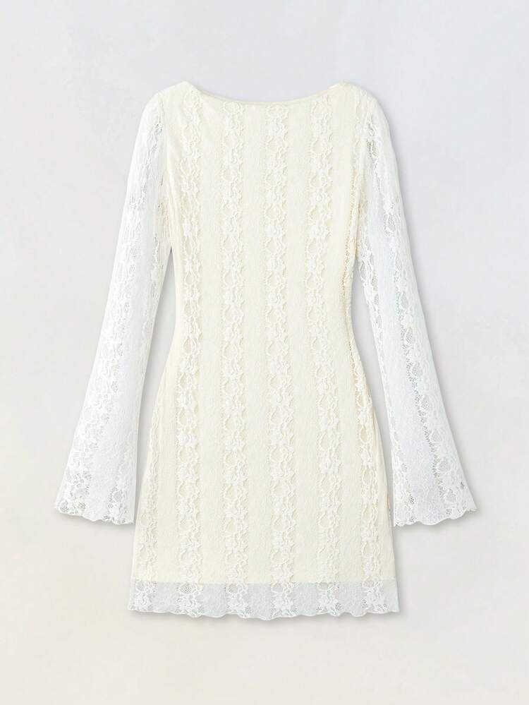 SHEIN Maija Women's Round Neck Lace Long Sleeve Fitted Elegant Fashion Mini Dress Wedding Guest Dress Women Wedding Guest Dress Elegant Modern Party Shiny Fashion Party Gathering Outfit Essential Sparkling Sequins Hot Diamond Back To School Party Club Party Social Party Festival Women's Party Clothing Modern Urban Casual Fashion Business Casual Women's Office Wear Low-Key Old Money Style Effortless Temperament High-End Urban Commuting High-Quality Airport Christmas Women's Clothing