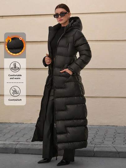 CLARA VERO Women Solid Color Zipper And Pocket Detailed Long Winter Coats Long Puffer Coat Women Long Winter Coat Women Long Hooded Puffer Coat Maxi Puffer Coat Womens Long Puffer Jacket