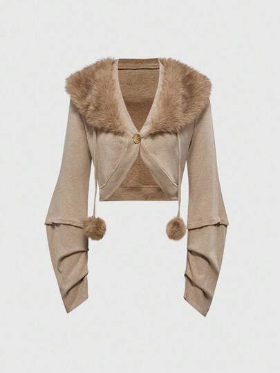 Grunge Punk Cardigan court tricoté avec col surdimensionné et manches bouffantes