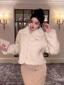 DAZY 女士毛绒领中长款外套，秋冬款 Y2k 夹克 - 米色 - 查看 3